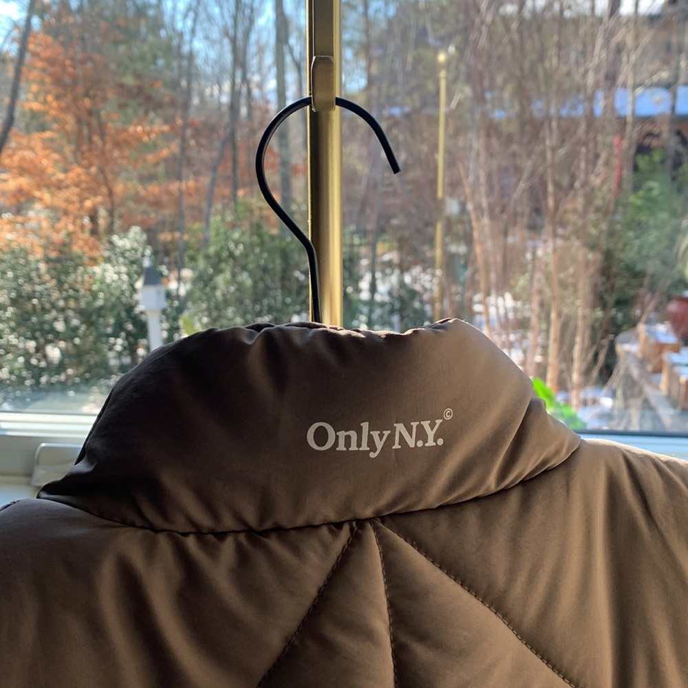 OnlyNY Puffy Vest; dark tan; teal interior lining; size Small; Unisex